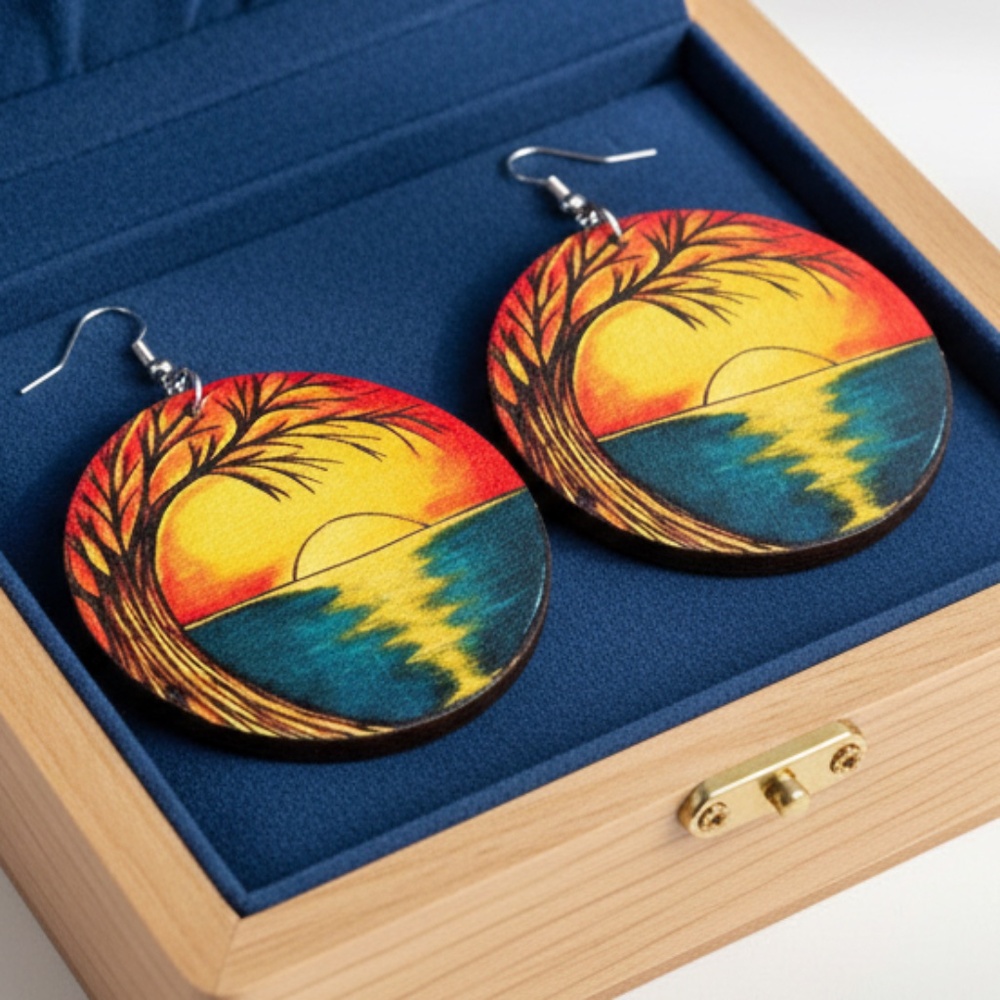 Womens Sunset Round Wood Earrings‎